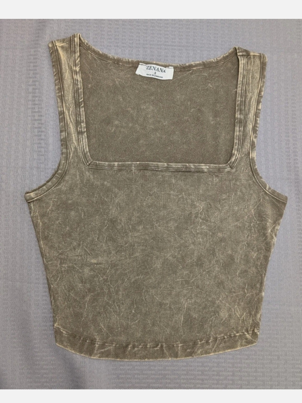 Zenana Women's Mocha Stretchy Acid Wash Wide Strap Cotton Tank Crop Top-S,M,L